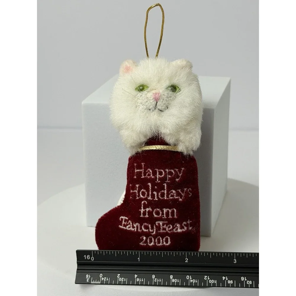 Fancy Feast Christmas ornament 2000 plush white Persian cat in stocking